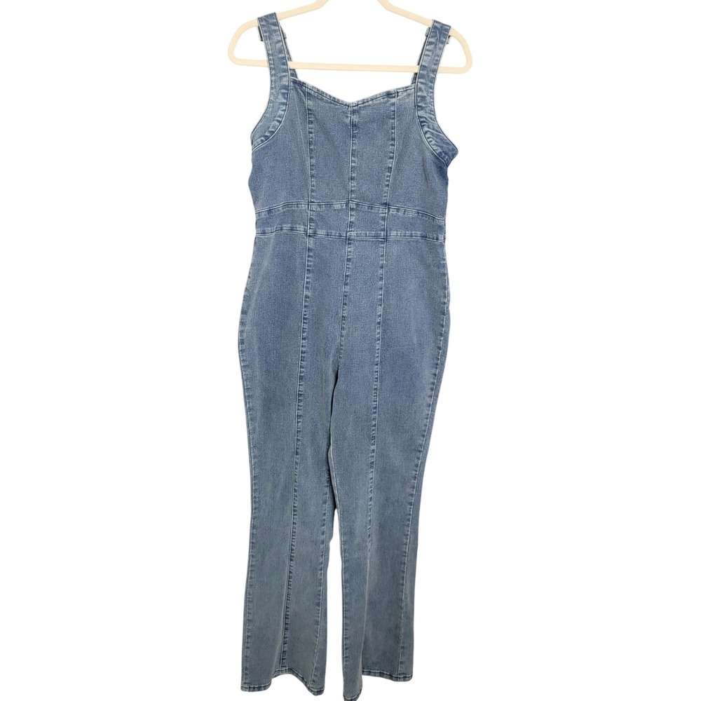Riley & James Jumpsuit L Blue Denim Sleeveless Zip Back Seamed Utility Western